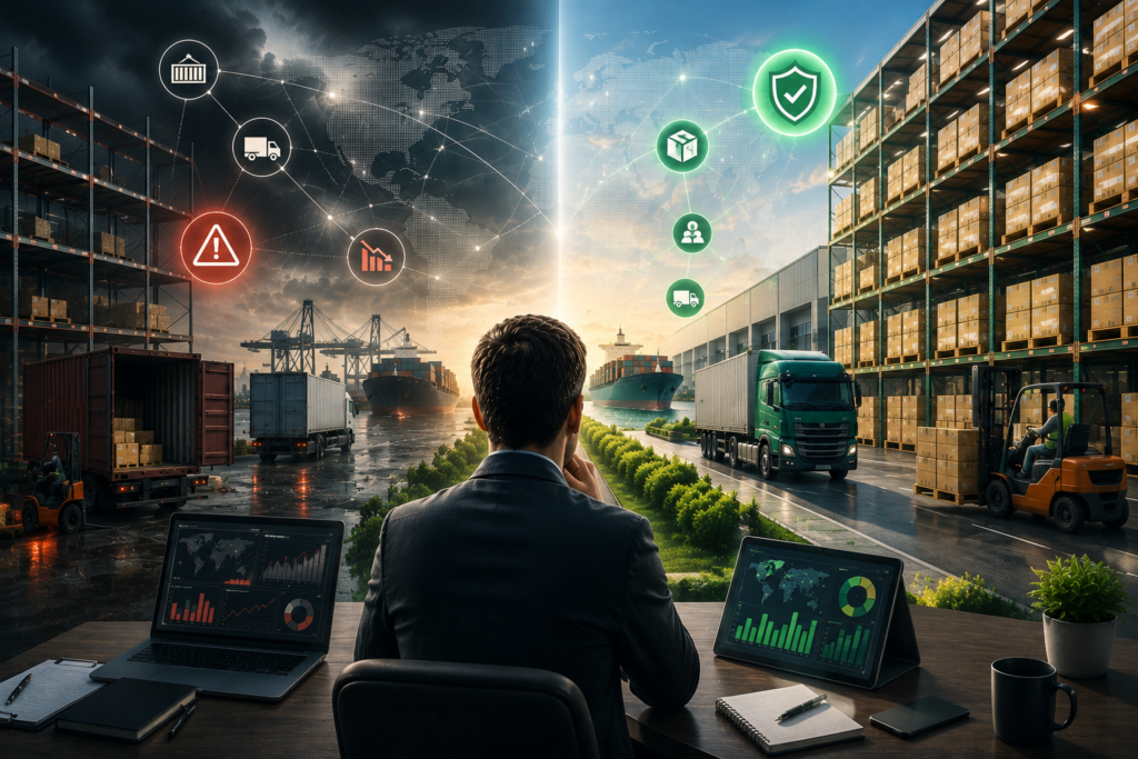 Procurement professional evaluating supplier reliability, allocation risk, inventory availability, and supply continuity across global logistics and warehouse operations.