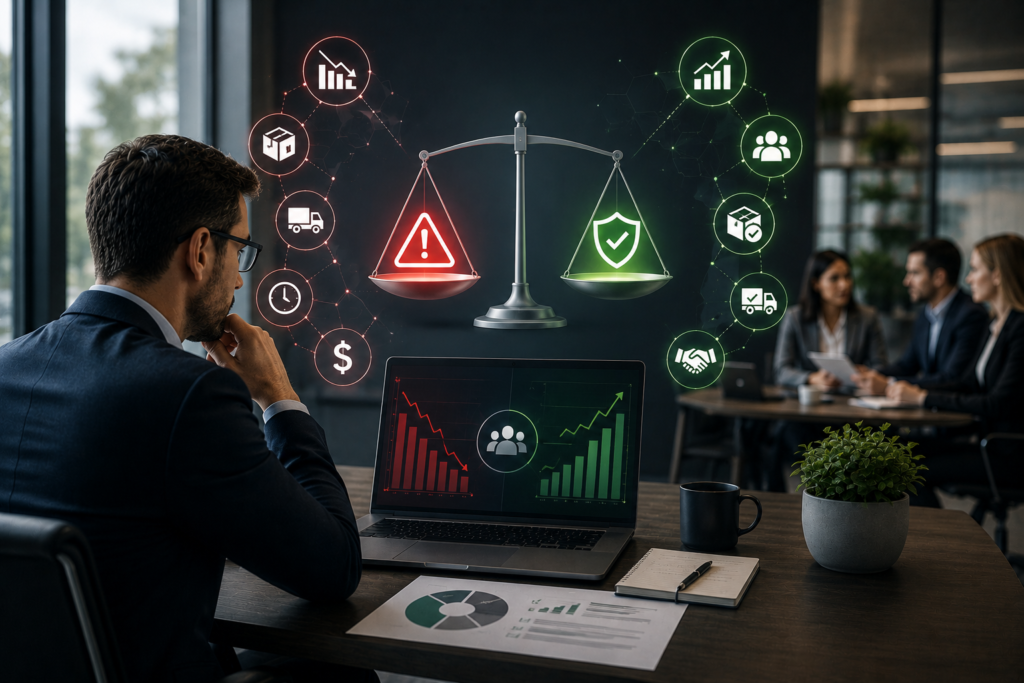 Business professional evaluating supplier performance, procurement risk, and supply continuity using analytics dashboards and reliability indicators to support informed supplier decisions.