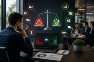 Business professional evaluating supplier performance, procurement risk, and supply continuity using analytics dashboards and reliability indicators to support informed supplier decisions.