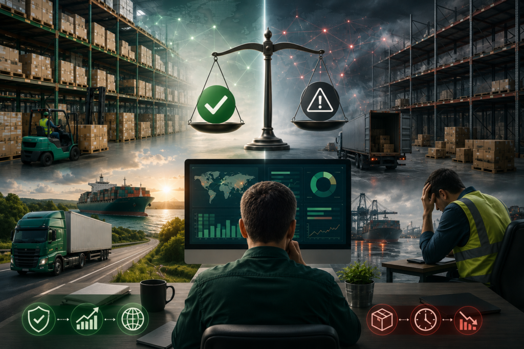 Supply chain illustration comparing reliable supplier performance with inventory shortages, delayed shipments, operational risk, and procurement decision-making during market disruptions.