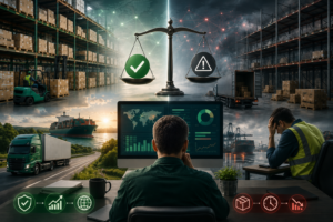 Supply chain illustration comparing reliable supplier performance with inventory shortages, delayed shipments, operational risk, and procurement decision-making during market disruptions.