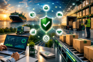 PPE supply chain reliability image showing inventory stability, supplier partnerships, warehouse operations, global logistics, and business continuity planning.