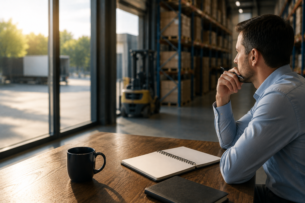 Procurement professional reviewing warehouse operations and supply chain performance while evaluating supplier reliability, operational continuity, and long-term procurement strategy.