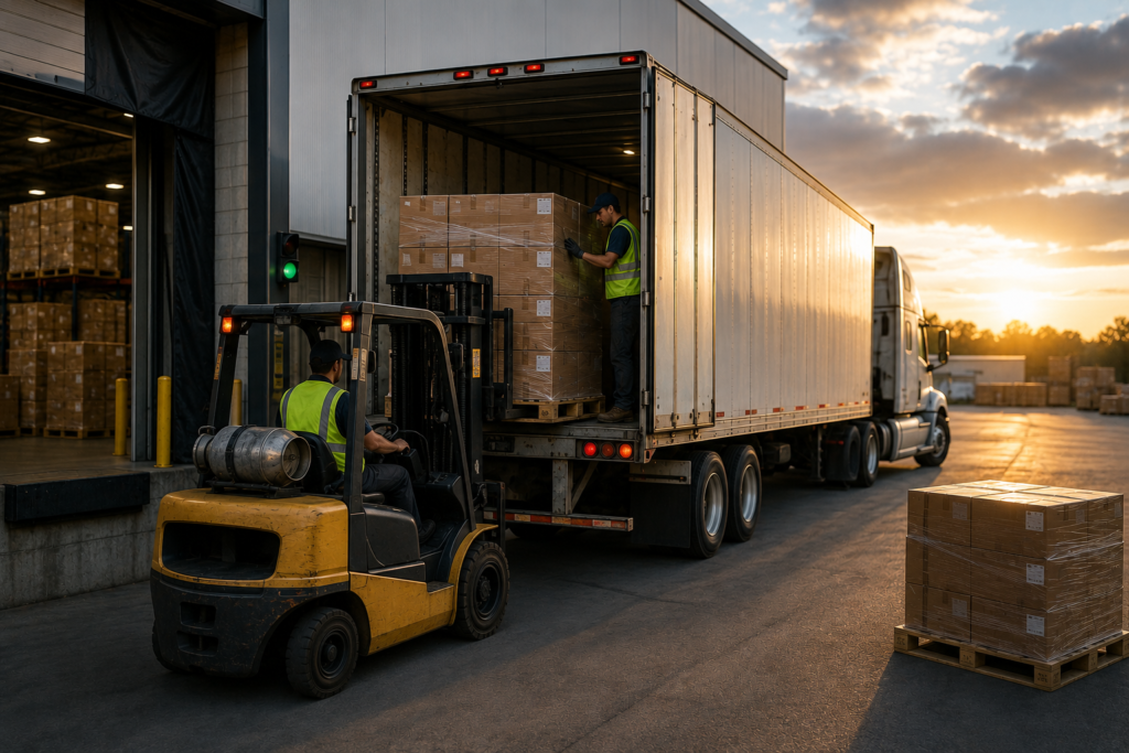 Forklift loading palletized cardboard boxes into a semi-trailer at a warehouse loading dock, illustrating inventory resilience, dependable supply, and efficient logistics operations.