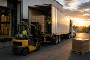 Forklift loading palletized cardboard boxes into a semi-trailer at a warehouse loading dock, illustrating inventory resilience, dependable supply, and efficient logistics operations.