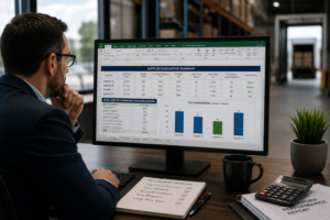 Procurement professional reviewing supplier performance and total cost of ownership using business analytics in a warehouse office, highlighting strategic purchasing, supply continuity, and operational value.