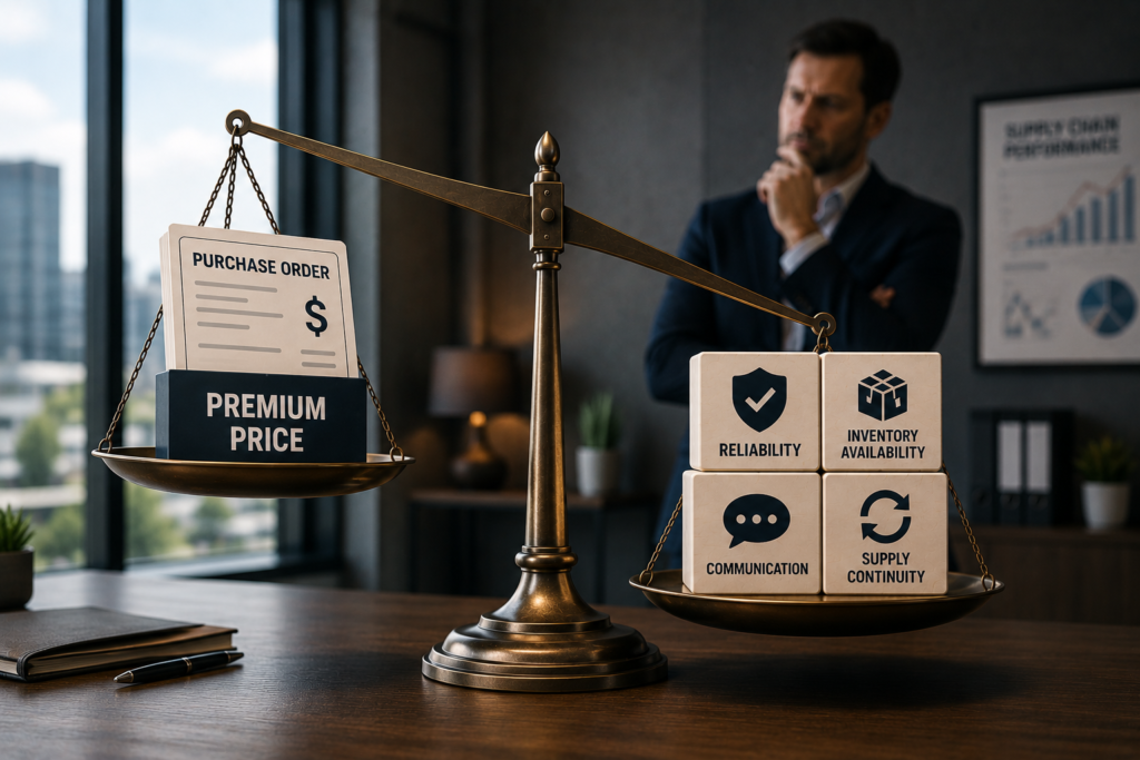Business professional evaluating premium PPE pricing against supplier reliability using a balance scale that compares procurement cost with inventory availability, communication, reliability, and supply continuity.