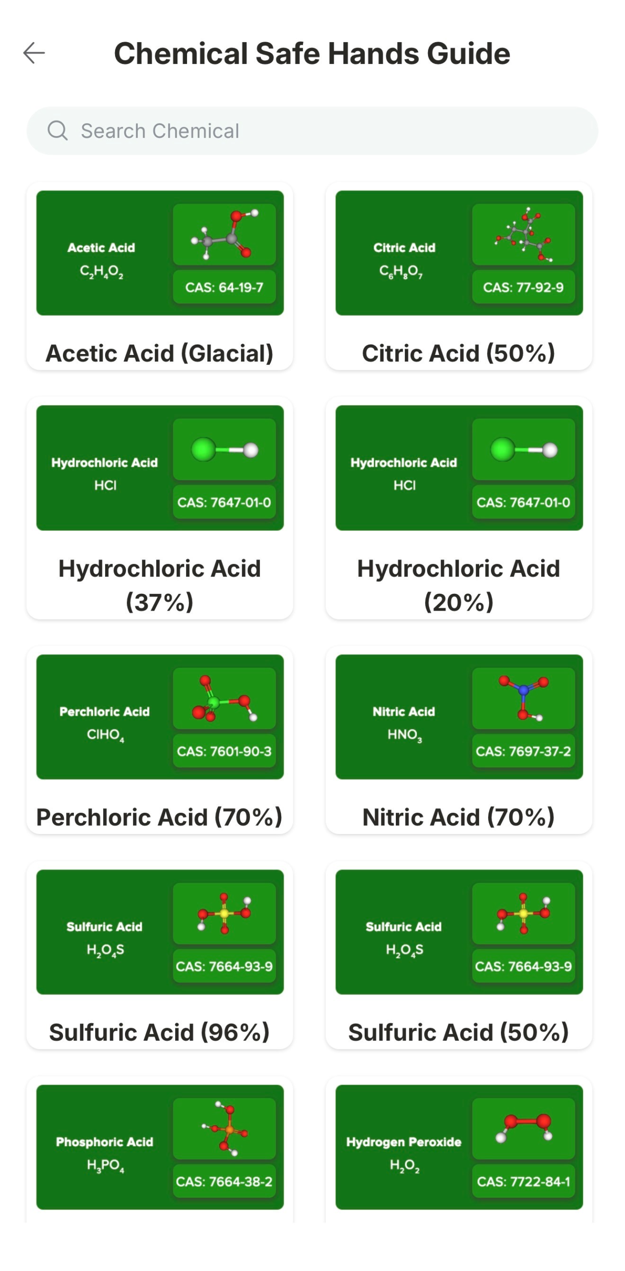 Chemical Safe Hands Guide chemical search screen