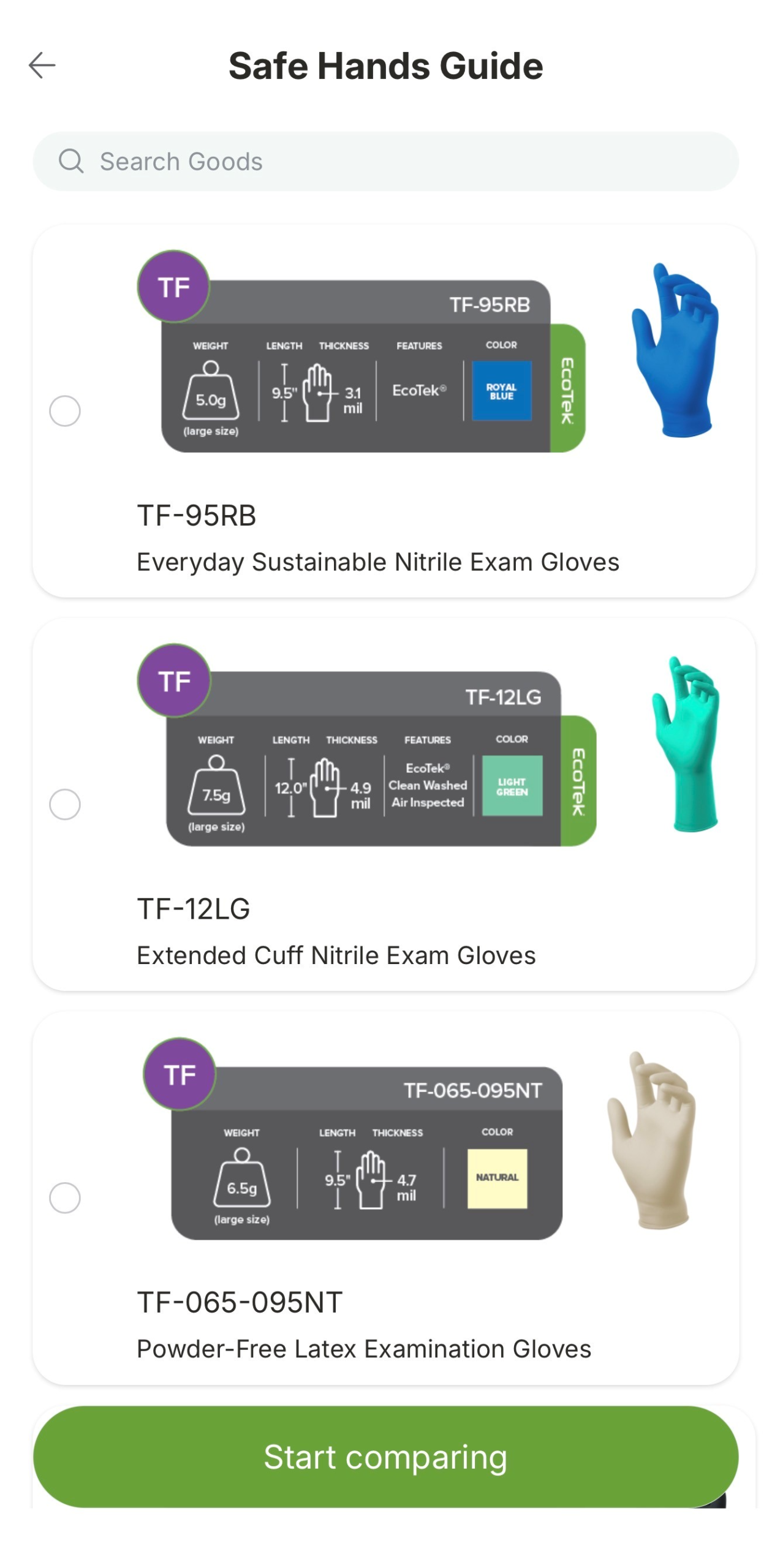 Safe Hands Guide glove selection screen