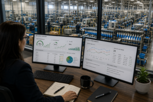 Procurement professional reviewing real-time supply chain dashboards from an office overlooking a modern glove manufacturing facility, highlighting inventory visibility, supplier performance, and long-term procurement strategy.