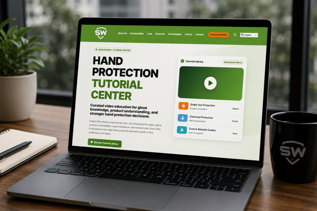 Laptop displaying the SW Hand Protection Tutorial Center with educational resources for single-use gloves, chemical protection, glove selection, and hand safety training.