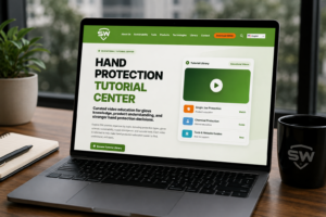 Laptop displaying the SW Hand Protection Tutorial Center with educational resources for single-use gloves, chemical protection, glove selection, and hand safety training.