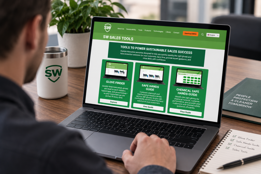 Sales professional using SW online sales tools to access the Glove Finder, Safe Hands Guide, and Chemical Safe Hands Guide for hand protection selection and customer support.