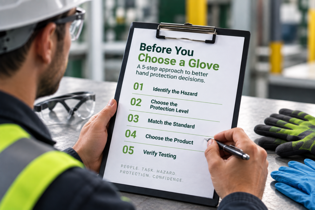 Safety professional reviewing a five-step glove selection process to identify workplace hazards, determine protection levels, match safety standards, choose hand protection, and verify testing.